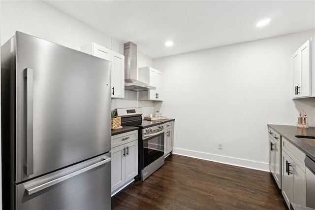 kitchen with dark hardwood / wood-style flooring, wall chimney exhaust hood, stainless steel appliances, sink, and white cabinetry