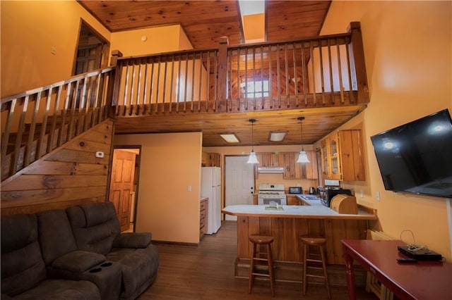 living room with sink, a towering ceiling, dark wood-type flooring, and wood ceiling