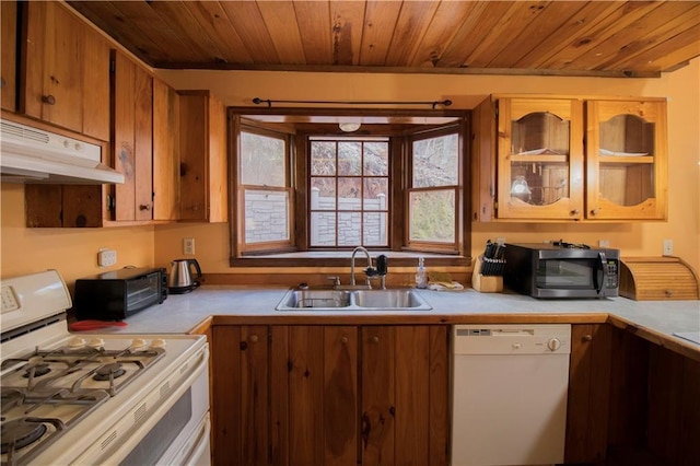 kitchen featuring white appliances, wood ceiling, and sink