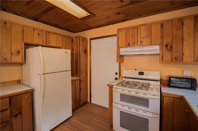 kitchen with light wood-type flooring, white appliances, and wooden ceiling