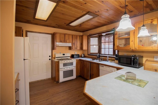 kitchen with white appliances, dark wood-type flooring, sink, hanging light fixtures, and kitchen peninsula