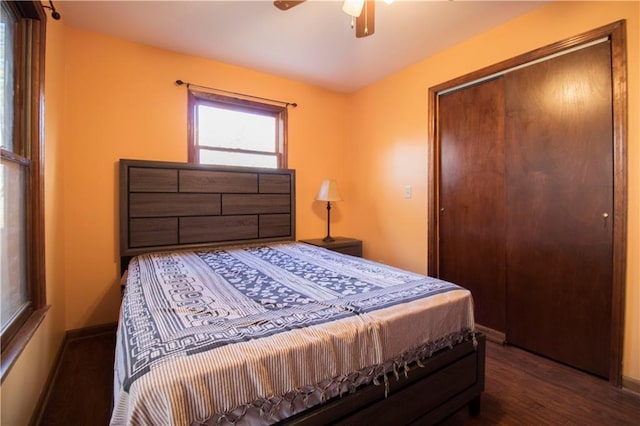 bedroom featuring dark hardwood / wood-style flooring and ceiling fan