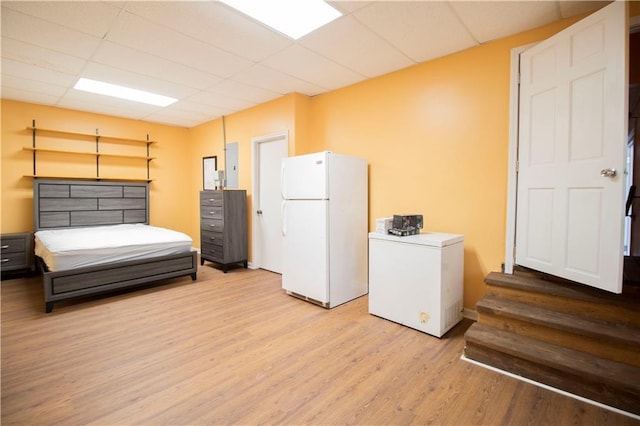 bedroom featuring a paneled ceiling, white fridge, light hardwood / wood-style flooring, and fridge