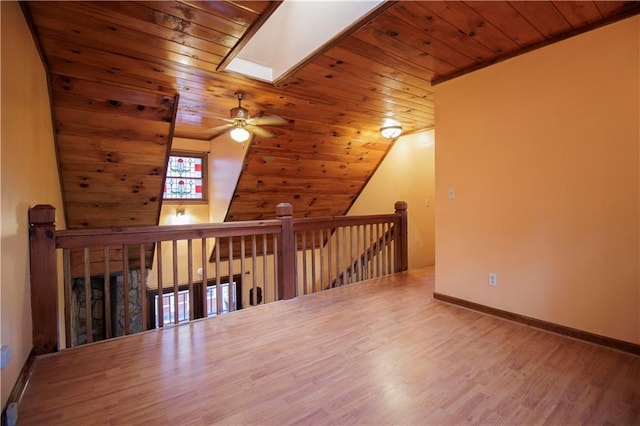 bonus room with wood-type flooring, lofted ceiling with skylight, ceiling fan, and wood ceiling