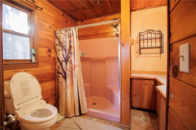 bathroom with a shower with shower curtain, vanity, wooden ceiling, toilet, and wood walls