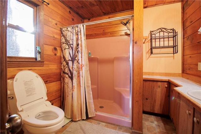 bathroom with wooden walls, vanity, wood ceiling, and walk in shower