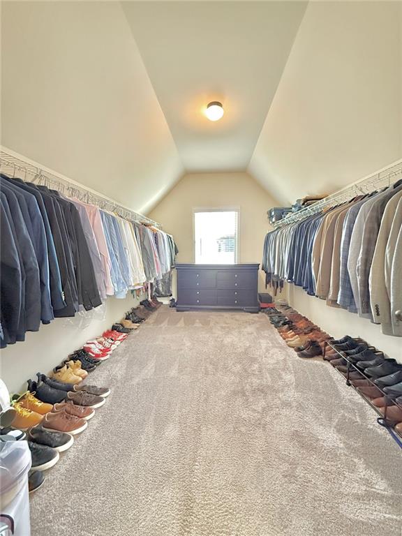 walk in closet featuring carpet flooring and vaulted ceiling