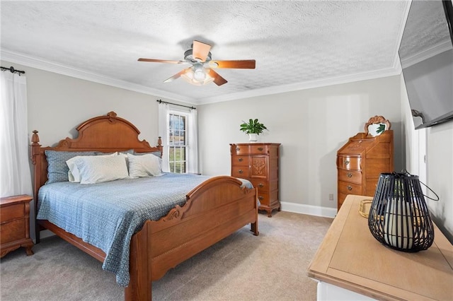 bedroom featuring a ceiling fan, light carpet, and ornamental molding