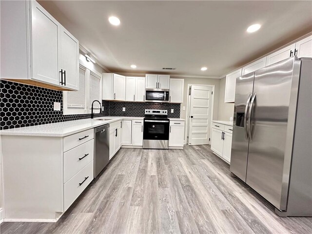 kitchen with sink, backsplash, white cabinetry, appliances with stainless steel finishes, and light hardwood / wood-style floors