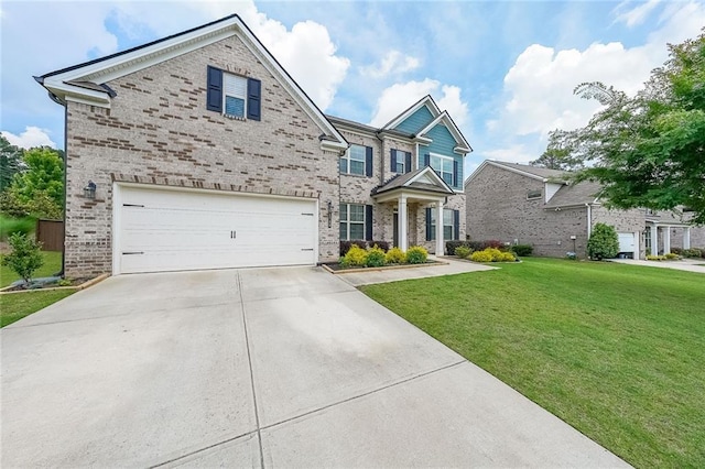 5789 Creek Indian Dr, Sugar Hill, GA 30518 - view of front of house featuring brick siding, concrete driveway, a front yard, and an attached garage