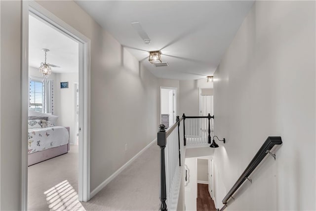 stairway featuring carpet flooring