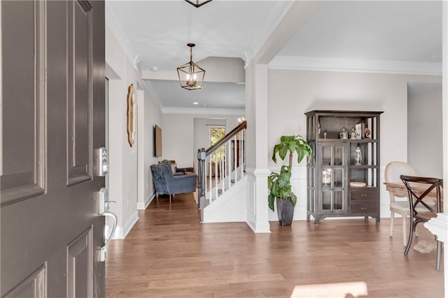 foyer entrance with hardwood / wood-style flooring and crown molding