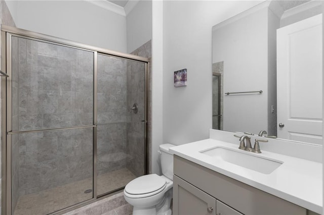 3380 Labrouste Cv, Duluth, GA 30097 - bathroom featuring vanity, crown molding, a stall shower, and toilet
