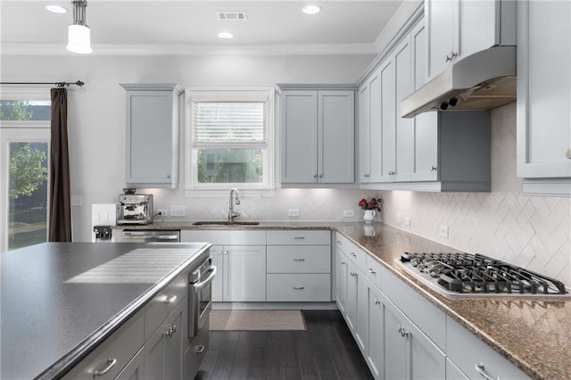 3380 Labrouste Cv, Duluth, GA 30097 - kitchen featuring visible vents, a healthy amount of sunlight, under cabinet range hood, a sink, and appliances with stainless steel finishes