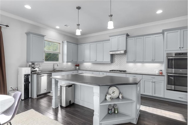 3380 Labrouste Cv, Duluth, GA 30097 - kitchen featuring a sink, crown molding, open shelves, and stainless steel appliances