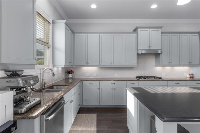 3380 Labrouste Cv, Duluth, GA 30097 - kitchen with crown molding, a sink, dark wood-style floors, under cabinet range hood, and stainless steel appliances