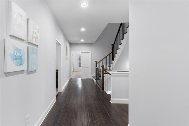 3380 Labrouste Cv, Duluth, GA 30097 - hall with stairs, recessed lighting, baseboards, and dark wood finished floors