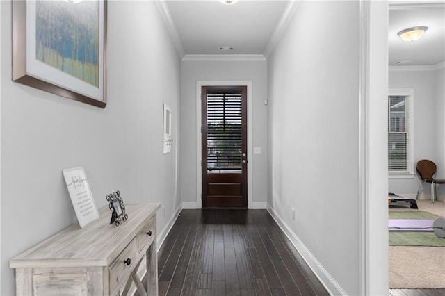 3380 Labrouste Cv, Duluth, GA 30097 - entryway featuring baseboards, ornamental molding, and dark wood finished floors
