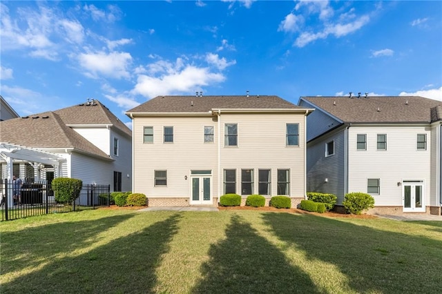 3380 Labrouste Cv, Duluth, GA 30097 - rear view of property with a yard, a pergola, fence, and french doors