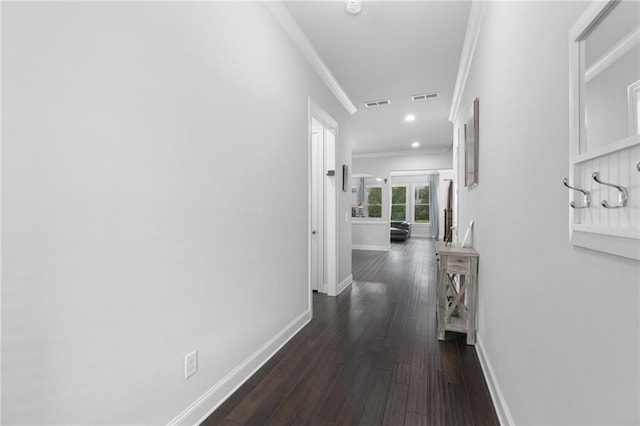3380 Labrouste Cv, Duluth, GA 30097 - hall with crown molding, baseboards, dark wood-style floors, and visible vents