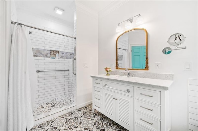 full bathroom with crown molding, a shower stall, vanity, tile patterned floors, and baseboards