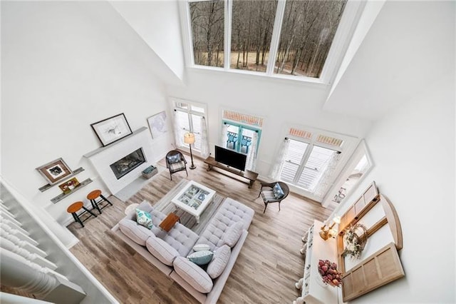 living area featuring a high ceiling, wood finished floors, and a glass covered fireplace