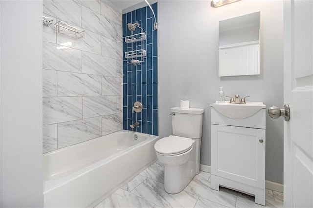 bathroom featuring baseboards, toilet, marble finish floor, tub / shower combination, and vanity