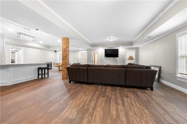 living room featuring dark wood-style floors, a raised ceiling, crown molding, and baseboards