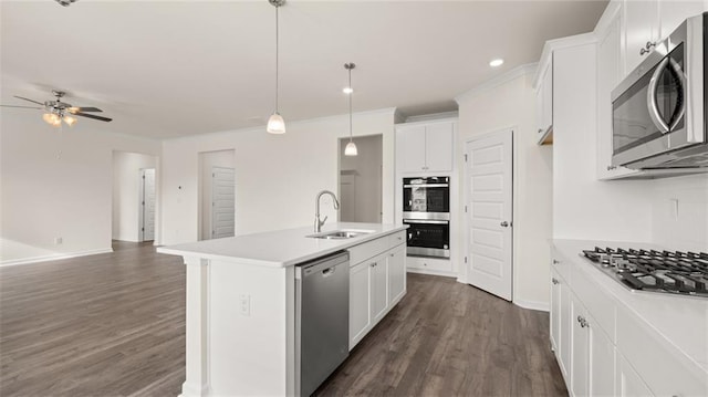 kitchen with white cabinetry, appliances with stainless steel finishes, sink, and a kitchen island with sink