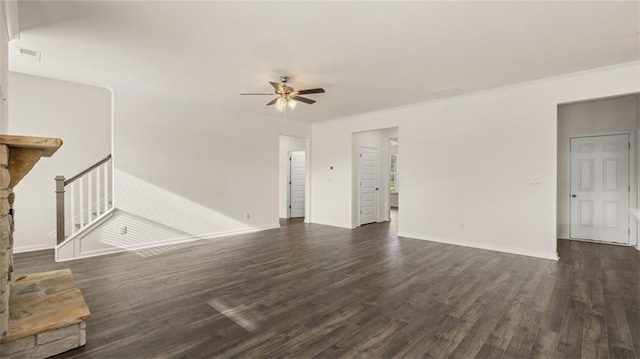 unfurnished living room with crown molding, ceiling fan, and dark hardwood / wood-style flooring