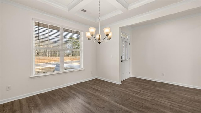 spare room with a chandelier, coffered ceiling, ornamental molding, dark hardwood / wood-style flooring, and beamed ceiling