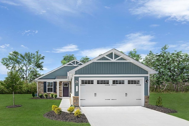 craftsman inspired home featuring stone siding, board and batten siding, concrete driveway, and a front lawn