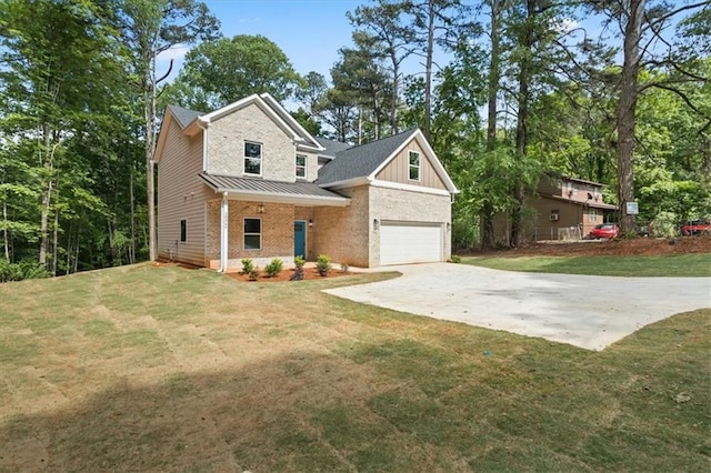 3902 Bouldercrest Rd SE, Ellenwood, GA 30294 - view of front facade with a garage, concrete driveway, a front lawn, brick siding, and a standing seam roof