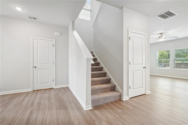 350 Lanier Cir, Woodstock, GA 30189 - stairway featuring wood finished floors, a ceiling fan, and recessed lighting
