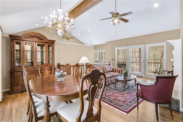 71 Yellow Root Dr, Big Canoe, GA 30143 - dining space featuring a ceiling fan, high vaulted ceiling, light wood-style flooring, and recessed lighting
