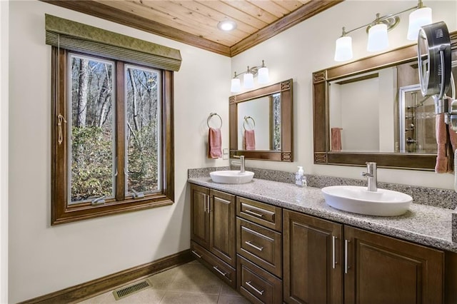 71 Yellow Root Dr, Big Canoe, GA 30143 - full bath featuring baseboards, tile patterned floors, double vanity, wood ceiling, and recessed lighting