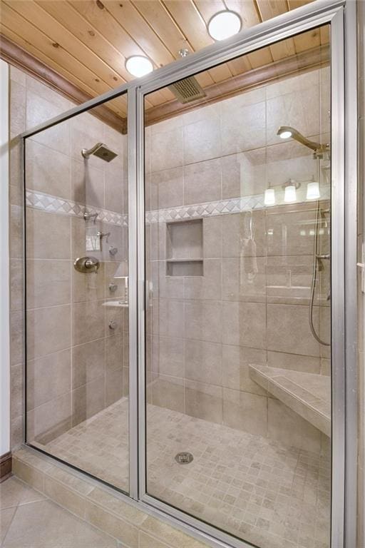 71 Yellow Root Dr, Big Canoe, GA 30143 - full bath with a shower stall, tile patterned floors, and wooden ceiling