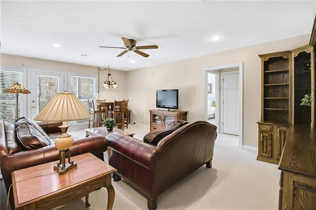 71 Yellow Root Dr, Big Canoe, GA 30143 - living room featuring a ceiling fan, light carpet, recessed lighting, baseboards, and a chandelier