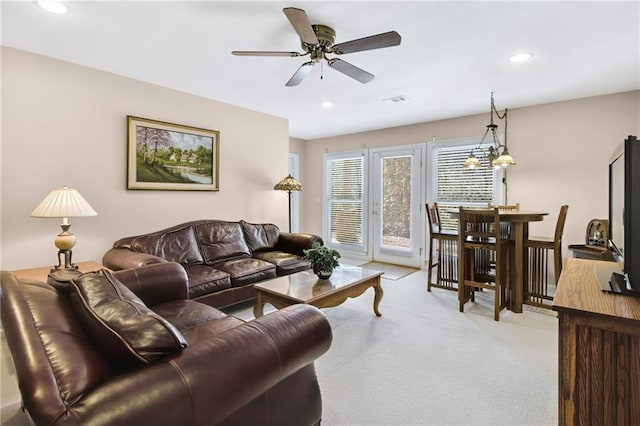 71 Yellow Root Dr, Big Canoe, GA 30143 - living room featuring light carpet, ceiling fan, and recessed lighting