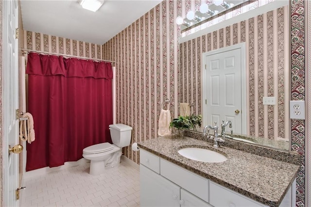 71 Yellow Root Dr, Big Canoe, GA 30143 - full bathroom with wallpapered walls, tile patterned floors, toilet, vanity, and a shower with curtain