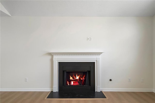 room details featuring a fireplace with flush hearth, baseboards, and wood finished floors