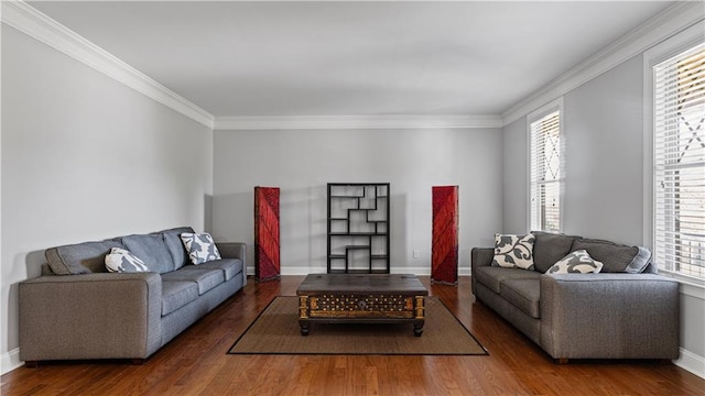 living area featuring baseboards, wood finished floors, and ornamental molding