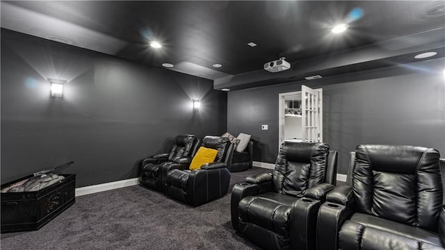 home theater featuring recessed lighting, baseboards, and carpet