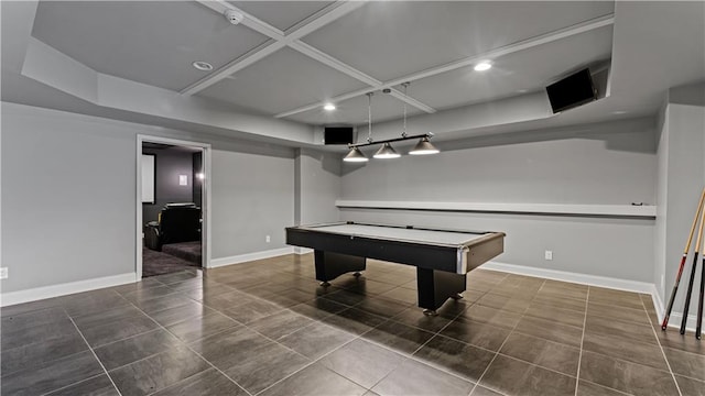 rec room featuring tile patterned flooring, baseboards, and coffered ceiling