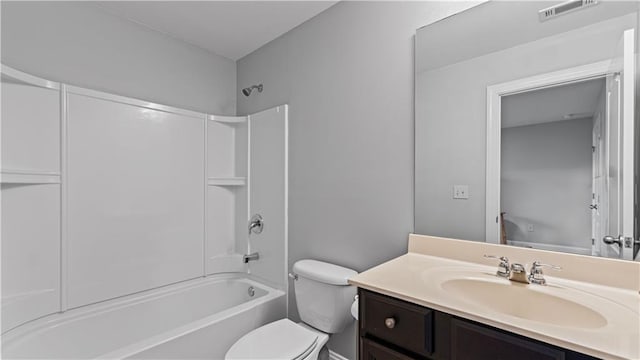 bathroom featuring tub / shower combination, visible vents, toilet, and vanity