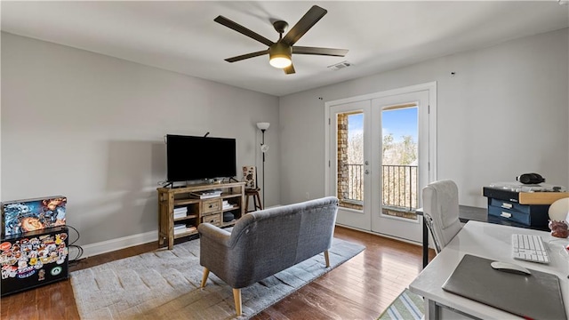 office space with wood finished floors, baseboards, visible vents, ceiling fan, and french doors