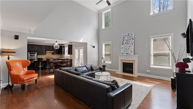 living area featuring dark wood-type flooring, crown molding, a fireplace, and a wealth of natural light