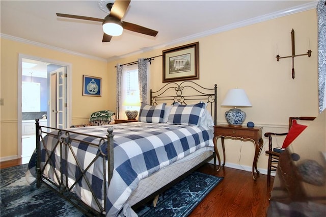 bedroom with ceiling fan, baseboards, wood finished floors, and ornamental molding