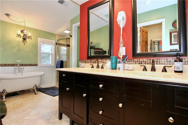 full bath featuring a stall shower, visible vents, wainscoting, and a sink