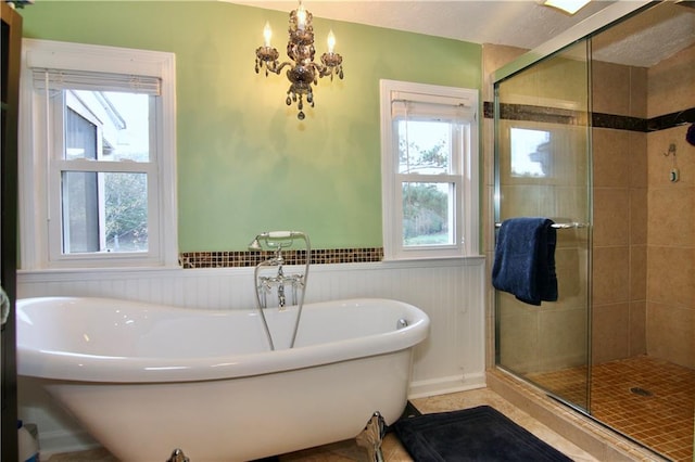 full bath featuring a shower stall, a freestanding tub, plenty of natural light, and wainscoting